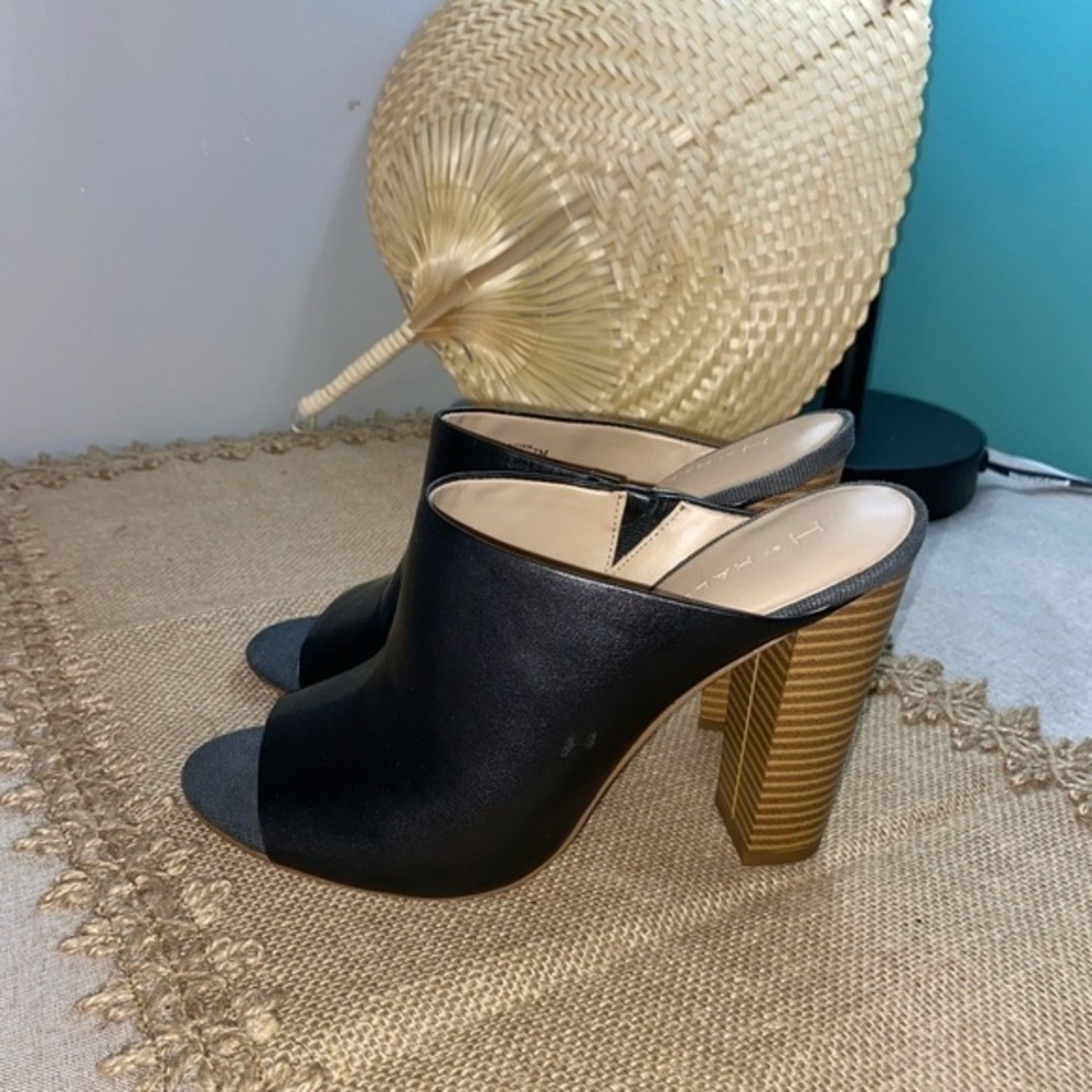 H by Halston Black Open-Toe Mule Heels with Striped Wood Block Heel